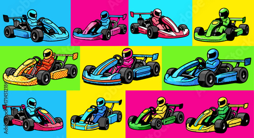 A vibrant collection of go-karts rendered in a clean, glossy style. Each vector uses detailed shading and highlights to create a polished, three-dimensional appearance.