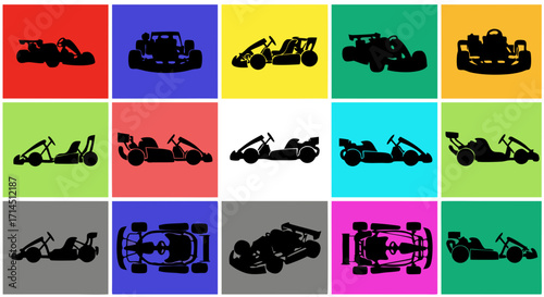 A vector set of clean motorsport silhouettes. Features formula race cars and go-karts from various perspectives, including side profile, front, and top-down views.