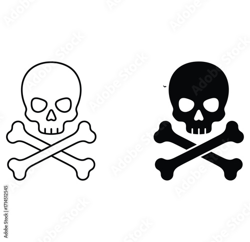 Black skull and crossbones outline and solid fill icons symbol danger