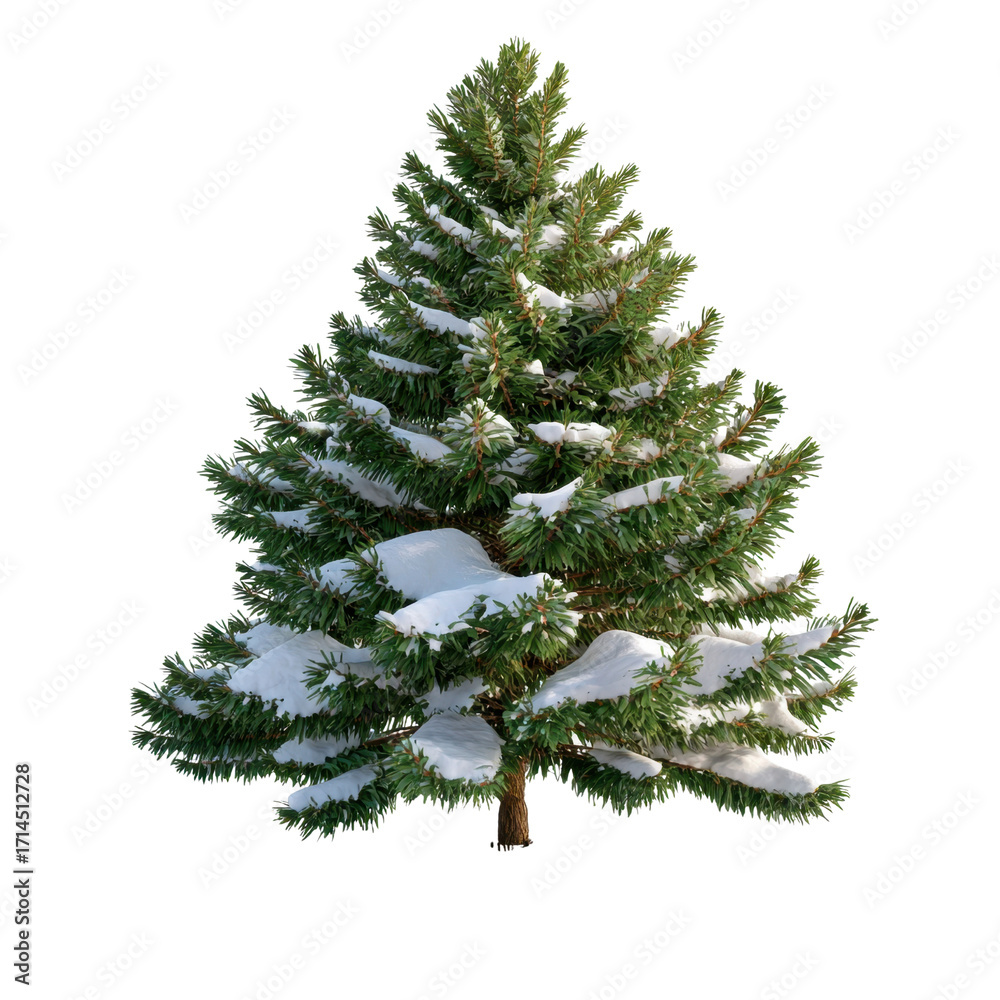 Fototapeta premium Lush Green Pine Tree with Snowy Branches in a Winter Wonderland Setting, Perfect for Holiday and Nature Themes transparent background