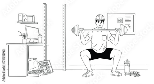 A construction worker doing squats with a barbell in an office setting