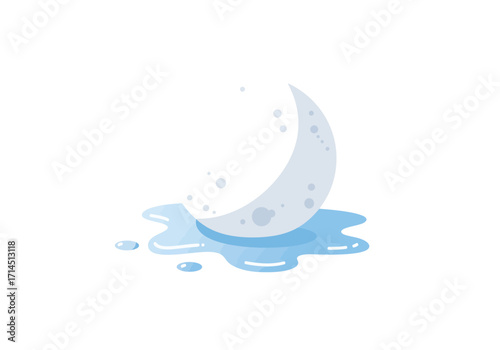 A crescent moon rests on a puddle of water