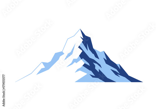 A geometric mountain illustration split between light blue and dark blue slopes against a white background