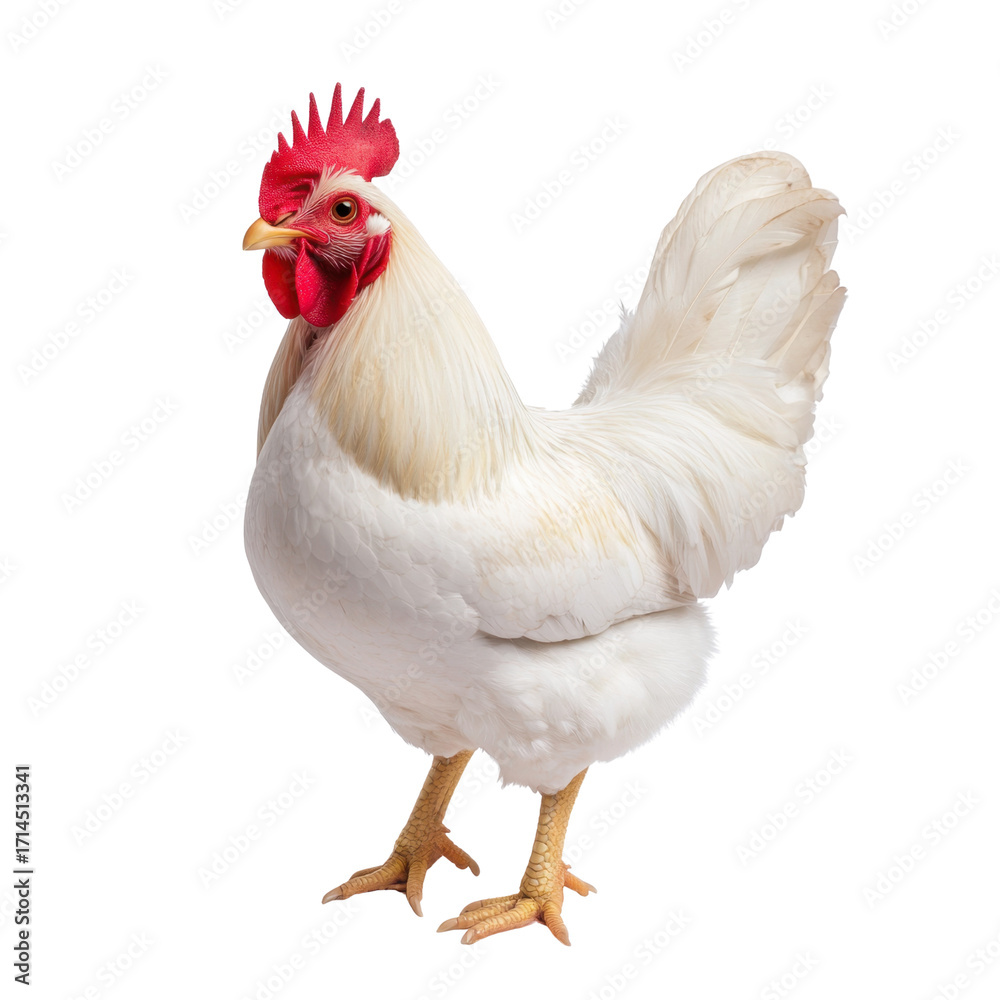 Fototapeta premium Close-Up of a Proud White Chicken with Red Comb Standing on White Background Exhibiting Farm Animal Characteristics transparent background