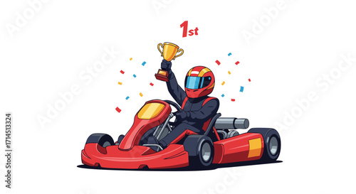 A cartoon go-kart racer holds up a gold trophy, celebrating a first-place victory. A dynamic vector illustration of a motorsport champion's success, isolated on white.