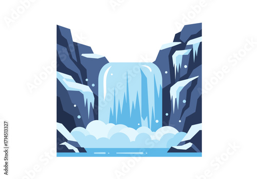 A stylized waterfall is shown flanked by rocky cliffs with icy elements