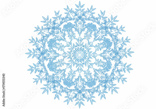 A symmetrical snowflake design featuring intricate crystalline patterns in light blue on a white background