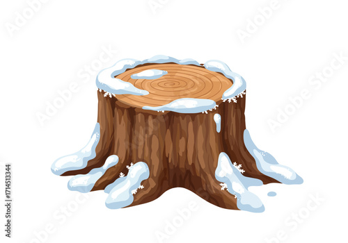 A snowcovered tree stump shows brown wood and rings on top