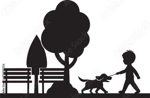 Silhouette of a person walking a dog in front of a house with trees in the background illustration created with generated ai