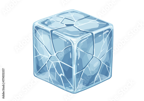 A translucent ice cube with cracks on its surface