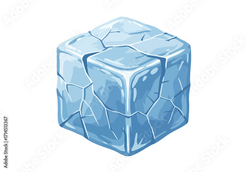 A translucent cracked light blue ice cube viewed from a high angle