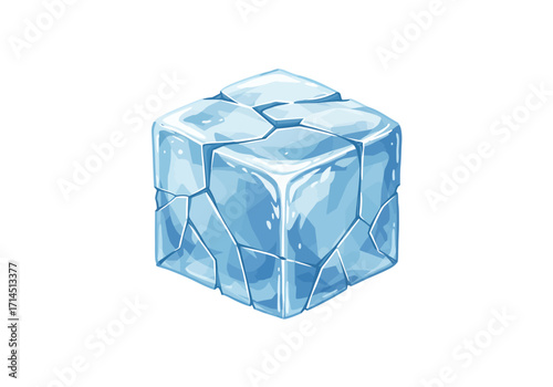 A translucent blue ice cube with visible fractures displayed against a white background