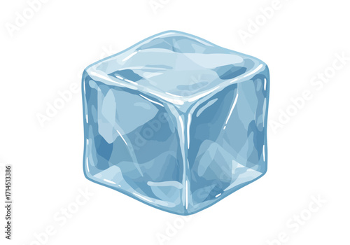 A translucent light blue ice cube with soft rounded edges sitting on a white background