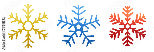 set of three different christmas snowflakes decoration in red, blue and gold isolated on white or transparent png