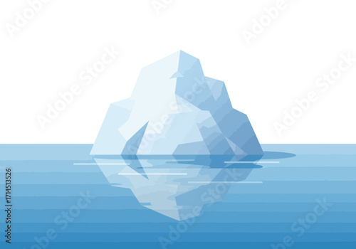 An icebergs peak is visible above water with its reflection beneath set against a white backdrop