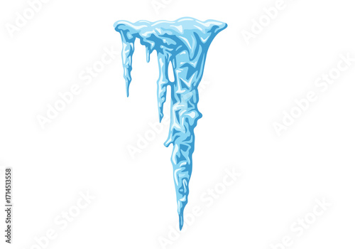An icy icicle with dripping water and jagged formations hangs suspended against a plain white background