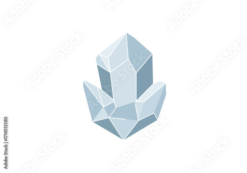 An isolated drawing of a lightblue crystal formation with geometric facets on a pure white background