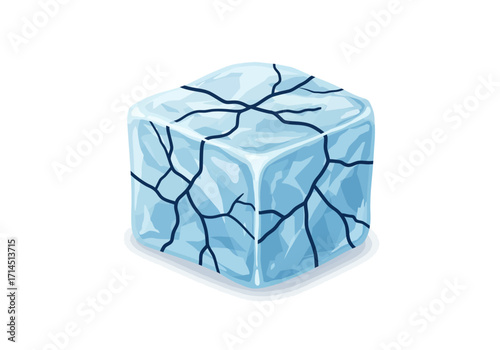 Cracked ice cube bluetoned with dark fracture lines sits on white