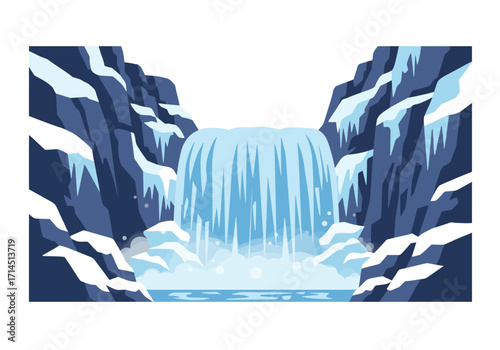 Cartoonstyle icy waterfall flanked by snowcovered cliffs