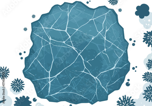 Cracked ice slab with snowflakes