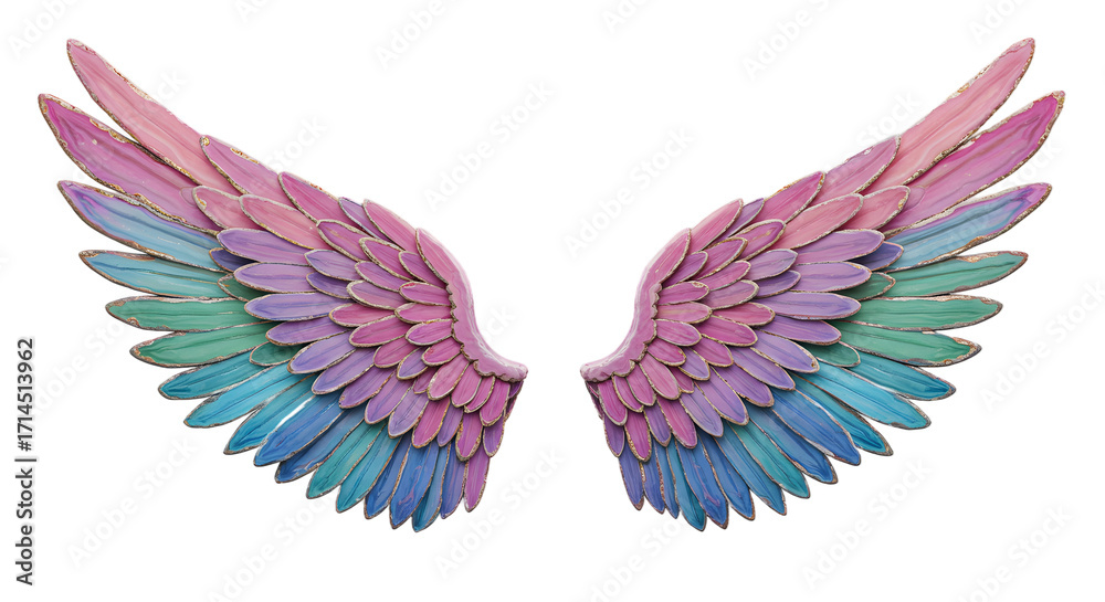 Fototapeta premium Whimsical Angel Wings with Pastel Colors and Gold Trim png clear alpha channel cutout isolated on transparent background