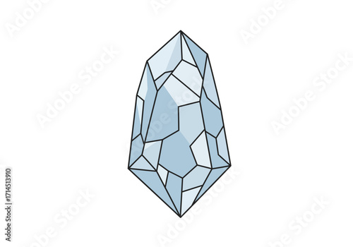 Light blue crystal with geometric facets and dark outline pointed at both ends