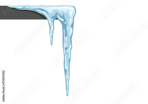 Icicles hang from a dark gray horizontal surface appearing frozen with blue hues and clear ice texture