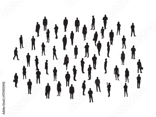 Diverse crowd of silhouetted people standing and walking together in unity silhouette
