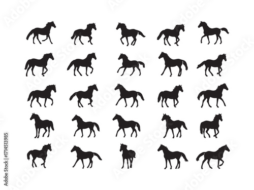 Collection of galloping horses silhouettes in dynamic poses showing movement and graceful motion silhouette