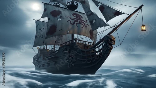 Dramatic pirate ship sailing stormy seas with torn sails and cannon ports exposed