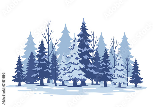 Snowy forest blue fir trees bare branches and snowcovered ground