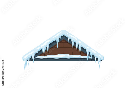 Snowy roof with icicles Brick apex covered in white snow and hanging icicles