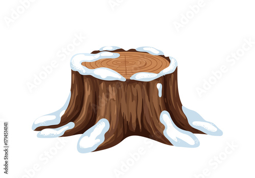 Snowy tree stump round top brown bark  white snow patches