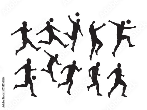 Dynamic soccer player silhouettes capturing various action poses with a ball for sport concepts silhouette