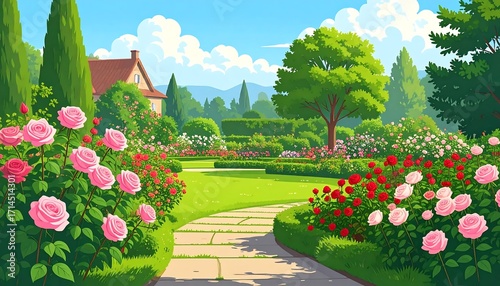 Fototapeta Naklejka Na Ścianę i Meble -  Lush rose garden pathway