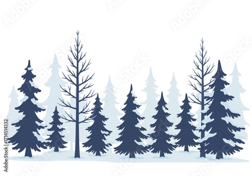 Winter forest scene with dark blue evergreens and lighter blue background trees against a white backdrop