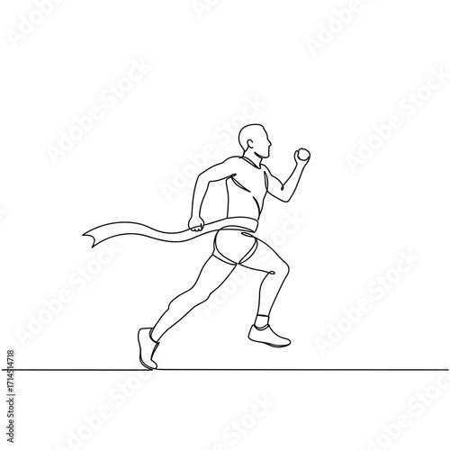 Man running with determination and finishing line ribbon in motion - Concept of Simple continuous line drawing  