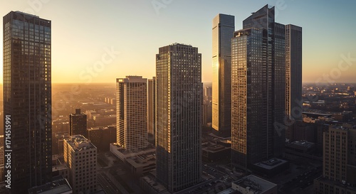 Aerial view of modern skyscrapers at sunset with golden light illuminating the city skyline