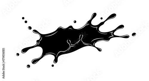A dynamic and messy black paint splat with shiny highlights and flying droplets. This versatile graphic element is perfect for creating energetic backgrounds for text, logos, and grunge designs.
