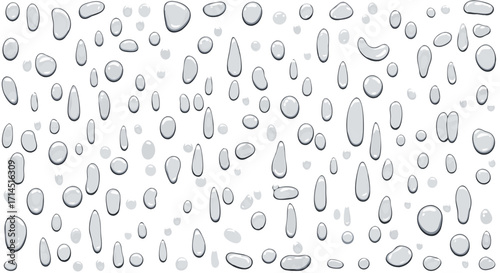 A realistic vector background of clear water drops on a glass or transparent surface. Perfect for creating a wet window, rain, or condensation effect. Tileable and easy to use as a texture.