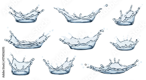 A set of clean, hand-drawn color illustrations of water splashes. This classic, slightly retro style is perfect for educational diagrams, children's books, or fresh, natural product packaging.