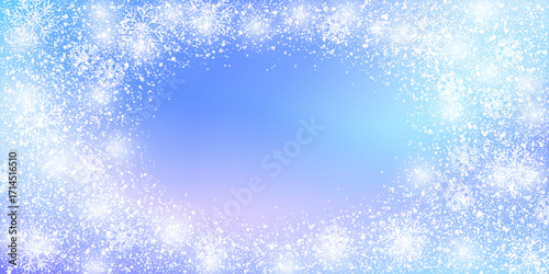 Magical winter background with a frame of falling snow and sparkling snowflakes. Festive design with a soft blue and purple gradient, perfect for winter holiday greetings