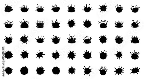 A collection of abstract, messy ink blots and paint splatters. These chaotic grunge vector shapes are perfect for creating artistic backgrounds, textures, and adding a dynamic,