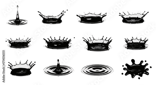 A set of highly realistic black liquid splashes and ripples. Represents oil, ink, crude petroleum, or even dark chocolate. Perfect for industrial, environmental, or luxury product concepts.