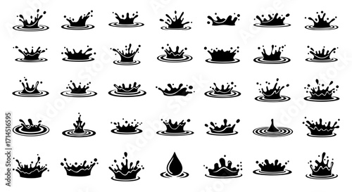 A clean and modern set of minimalist water splash and droplet silhouette icons. These simple, flat vector shapes are perfect for user interfaces (UI), app design, websites, and contemporary branding.