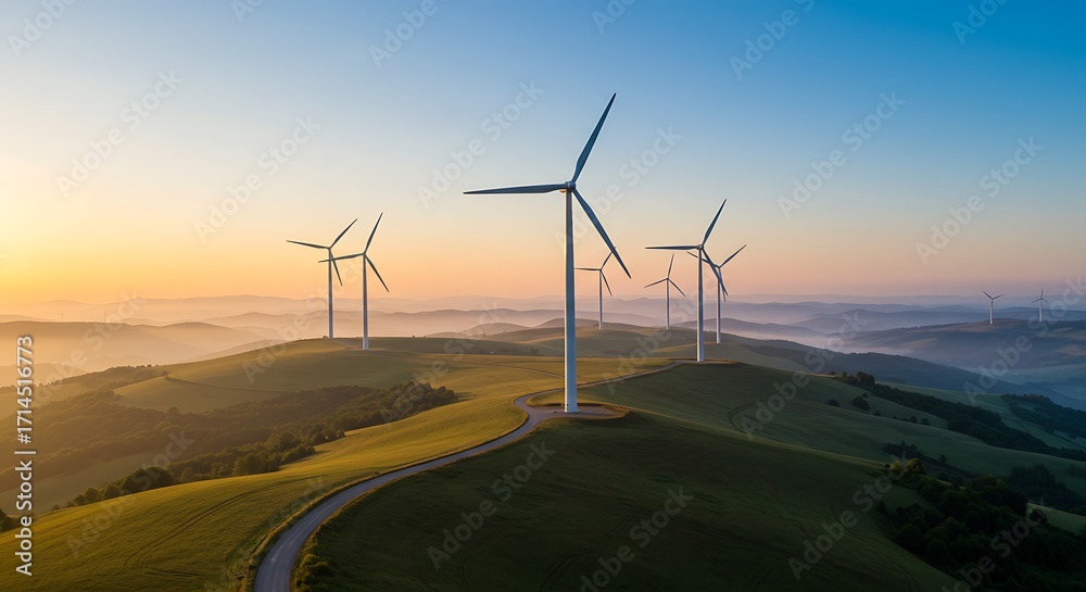 Obraz premium Wind turbines on rolling hills at sunrise, generating renewable energy in a scenic rural landscape