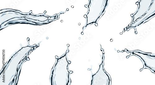 A highly realistic set of transparent water splashes, flows, and jets. These detailed liquid elements are perfect for beverage advertising, product packaging, and creating dynamic, fresh visual effect