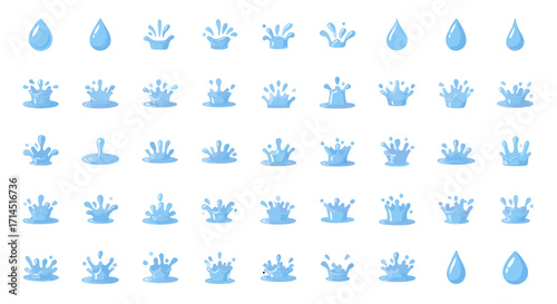 A beautiful collection of soft blue water crown splashes and a single droplet, featuring a gentle, textured style. Ideal for wellness themes, spa branding, baby products, & creating serene background