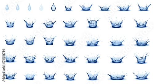 A complete frame-by-frame animation sequence of a water drop creating a splash. This realistic vector set is perfect for motion graphics, visual effects (VFX), educational explainers