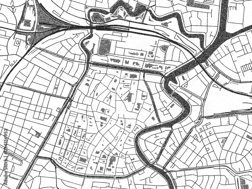 Fototapeta premium City map illustration of Haarlem Centrum, Netherlands, rendered in black and white sketch style.